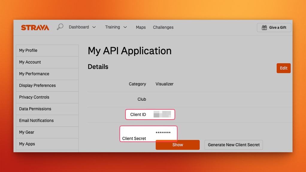 Strava API settings page